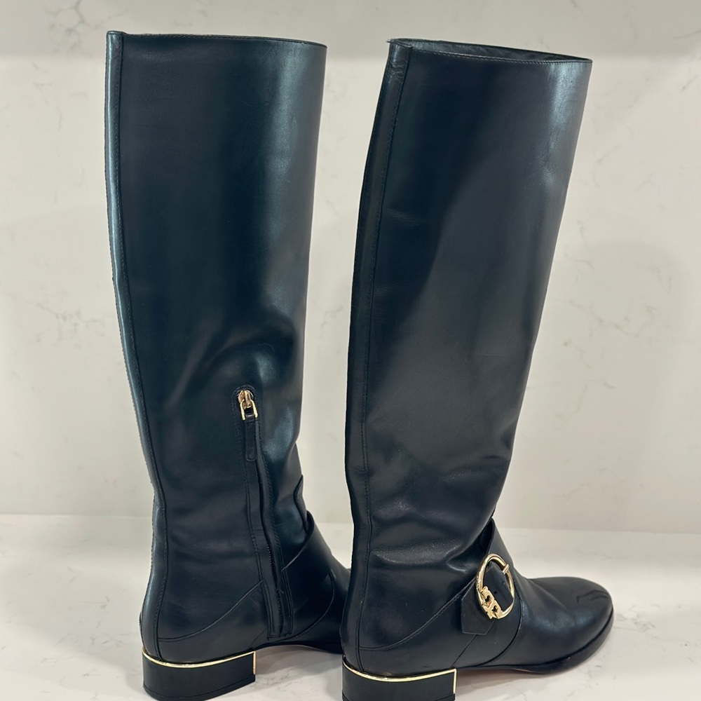 Tory Burch Black Over the Knee Boots with Gold Buckle